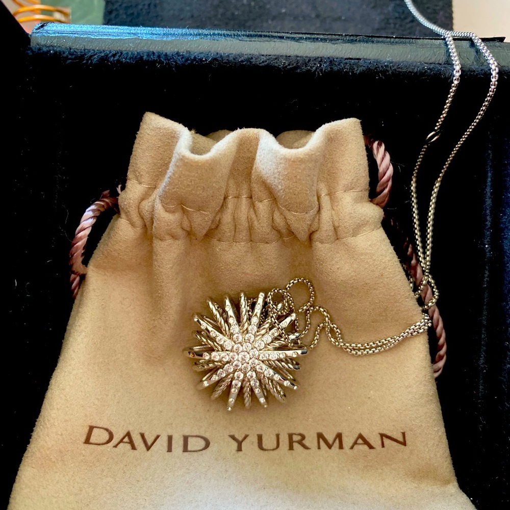 David Yurman Silver and Diamond Starburst Necklace with Chain.